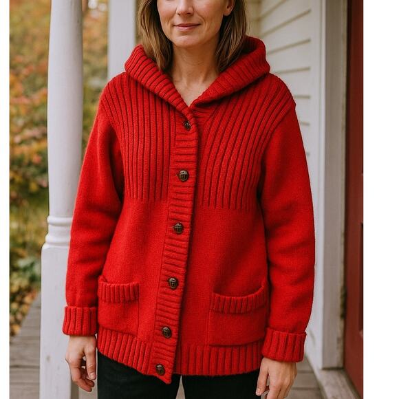 Vintage 60s Sears Wintuk Hooded Cardigan Sweater Red - Picture 1 of 8